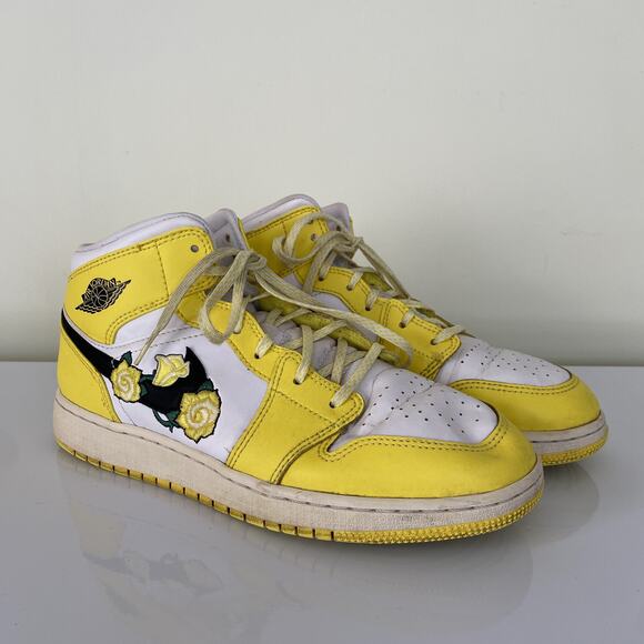 Nike Air Jordan 1 Mid GS Yellow Rose Patch Shoes Youth AV5173-700 Black Size 7Y